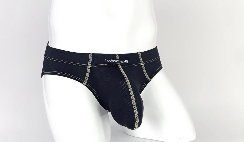 Black Stitch Big Boy pouch brief on a mannequin with contrasting light stitching and a WildmanT logo patch.