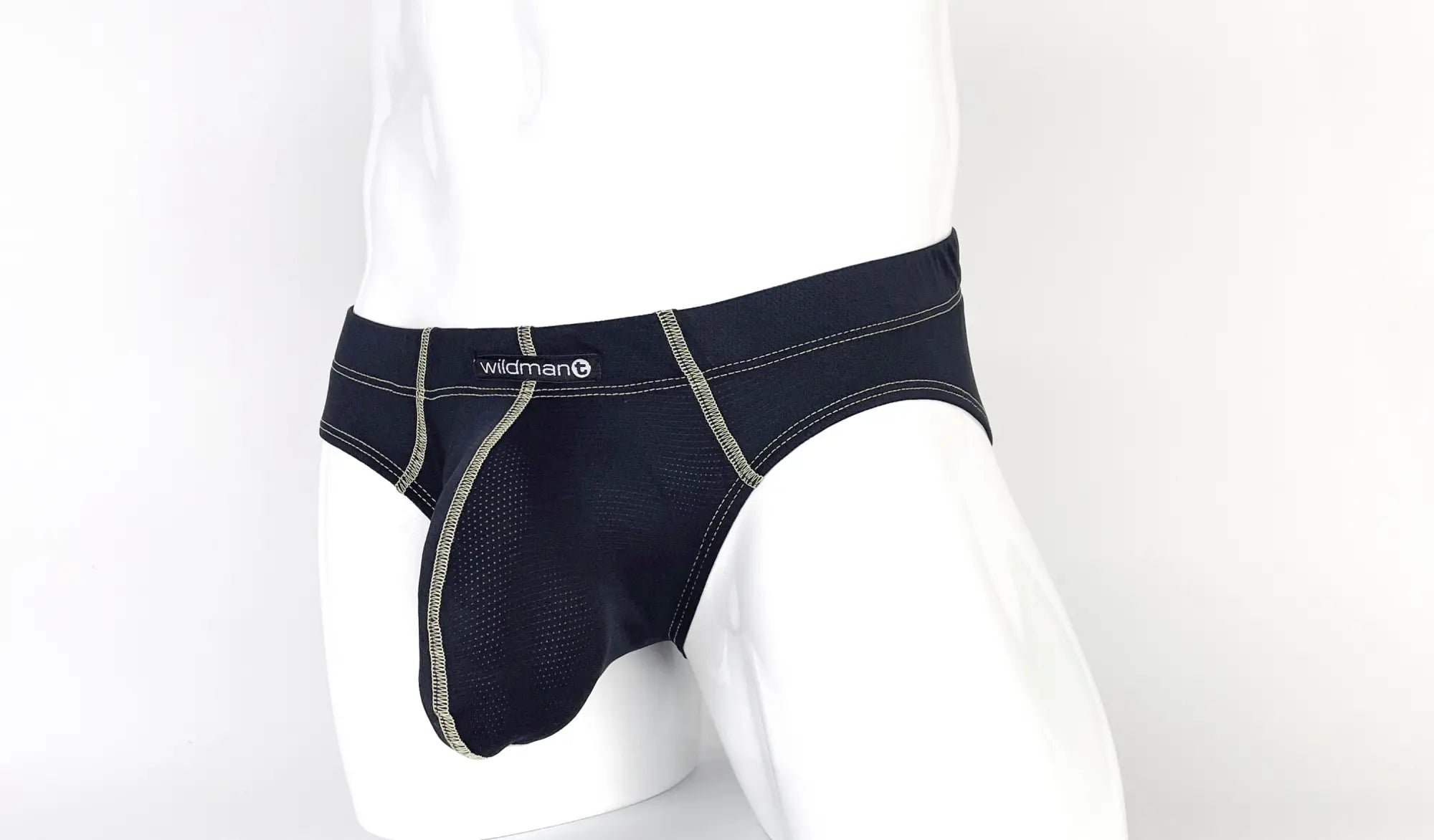 Black Stitch Big Boy pouch brief with contrast stitching and WildmanT logo on a white mannequin.