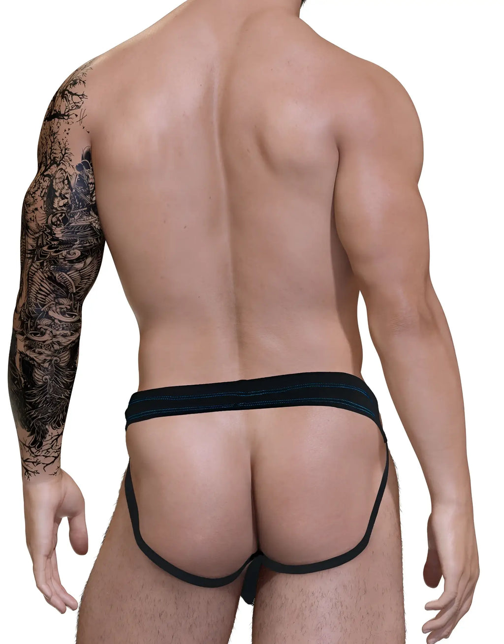 Back view of a man wearing a black jockstrap with thin blue stitching detail on the waistband.