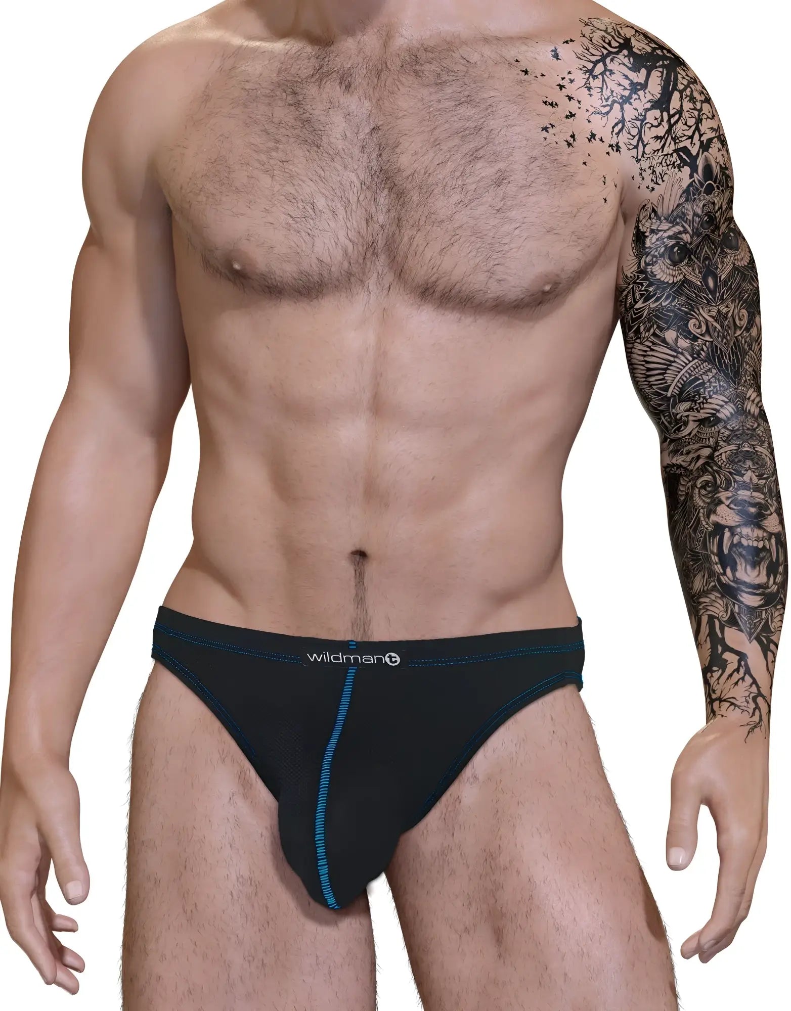 Blue and black Stitch Big Boy pouch jockstrap with blue contrast stitching and Wildman brand logo on the waistband.