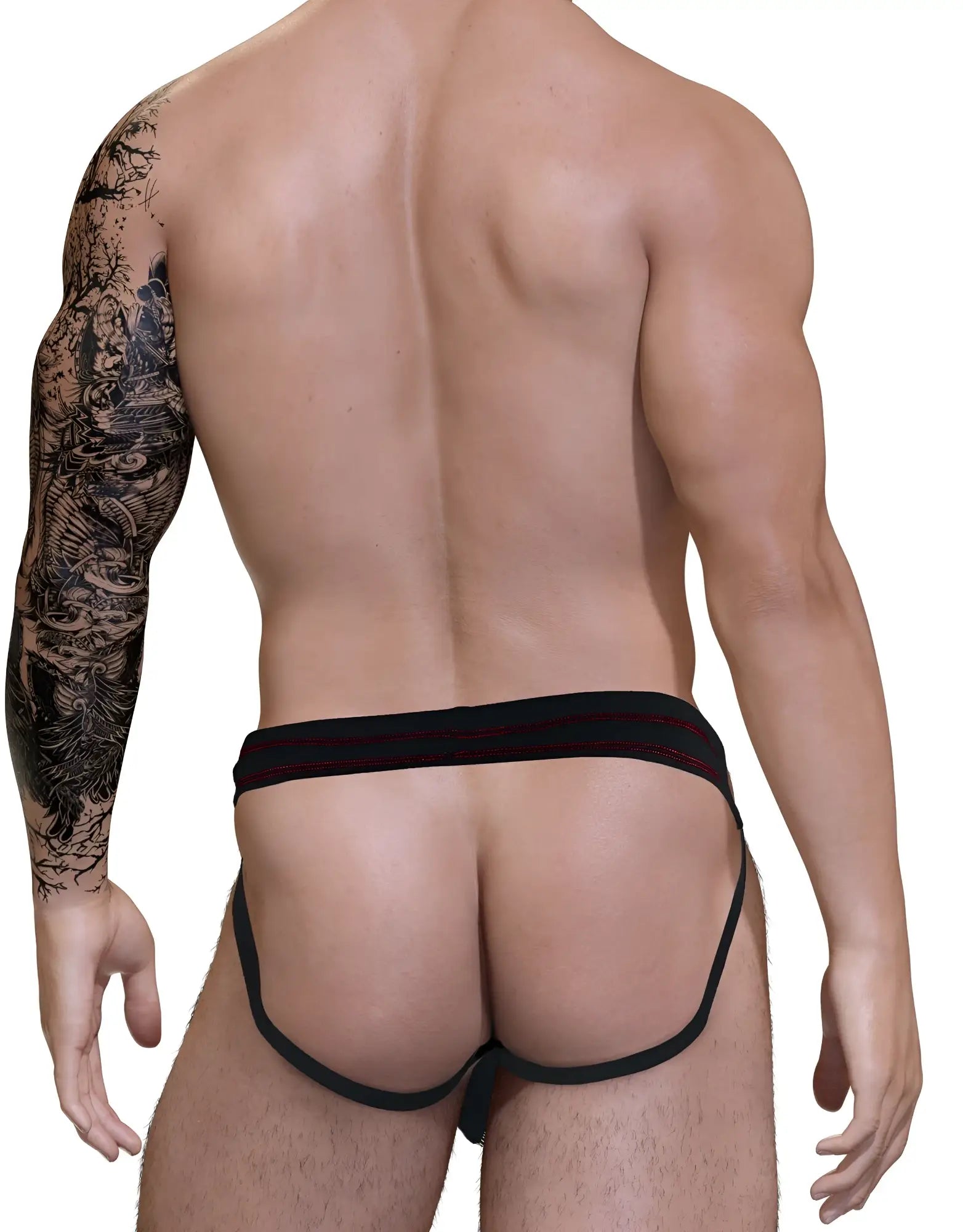 Rear view of a man wearing a black jockstrap with thin red stitching detail on the waistband and leg straps.