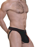 Black jockstrap with a contoured pouch, featuring red contrast stitching and a branded waistband on a male model.