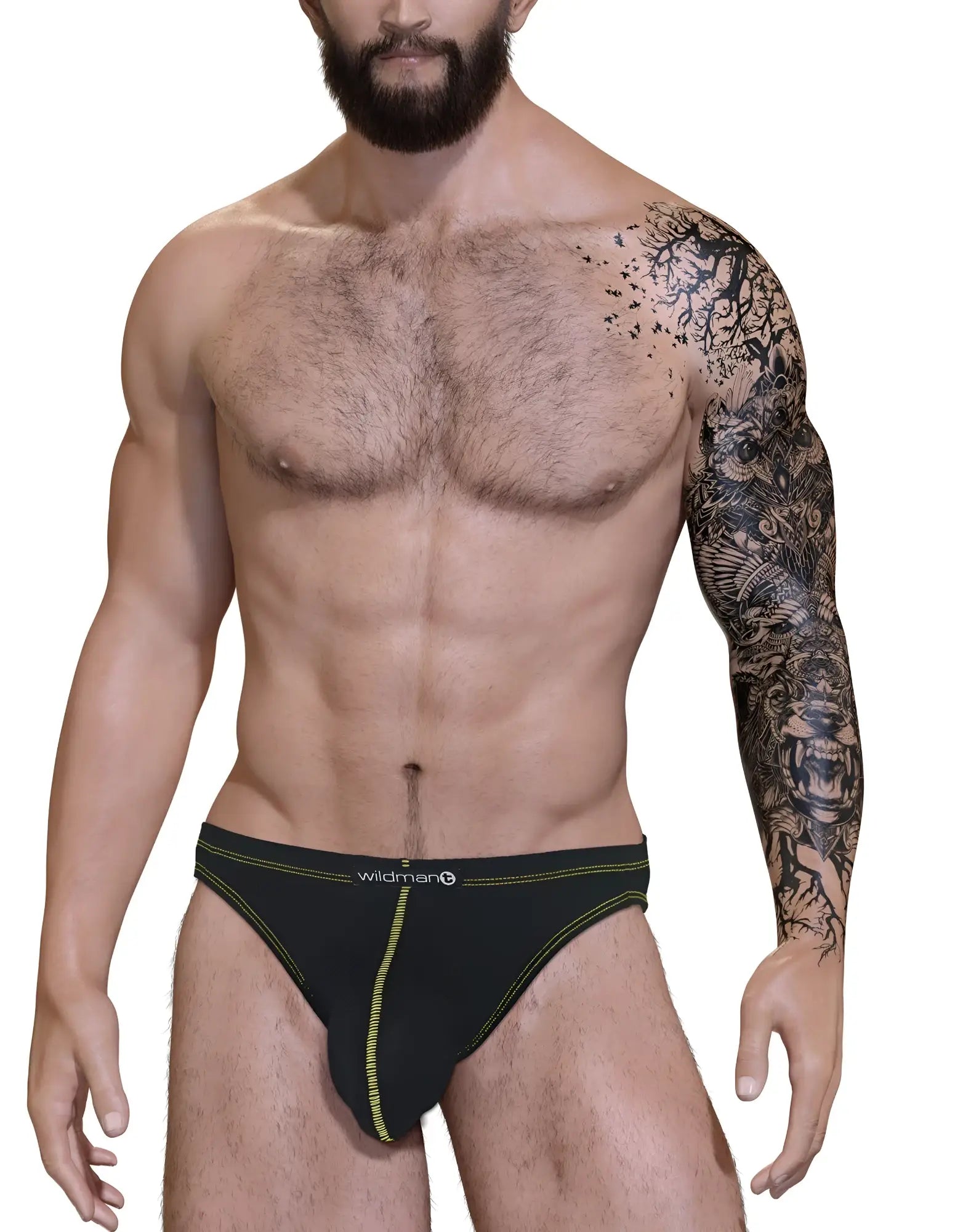 Black jockstrap with a supportive pouch, featuring bright yellow contrast stitching and a centered Wildmant logo.