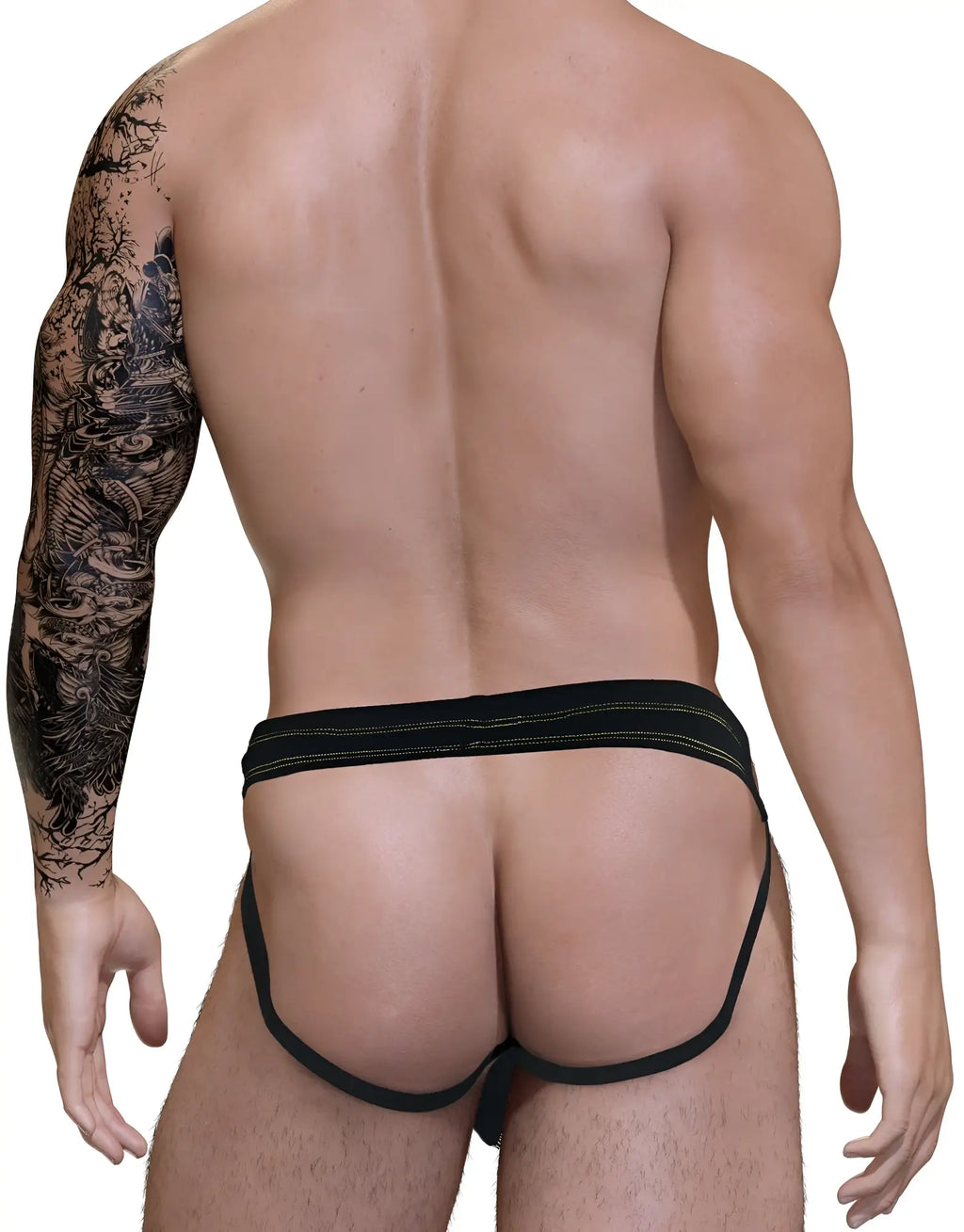 Back view of a man wearing a black jockstrap with yellow stitching on the waistband and thin black leg straps.