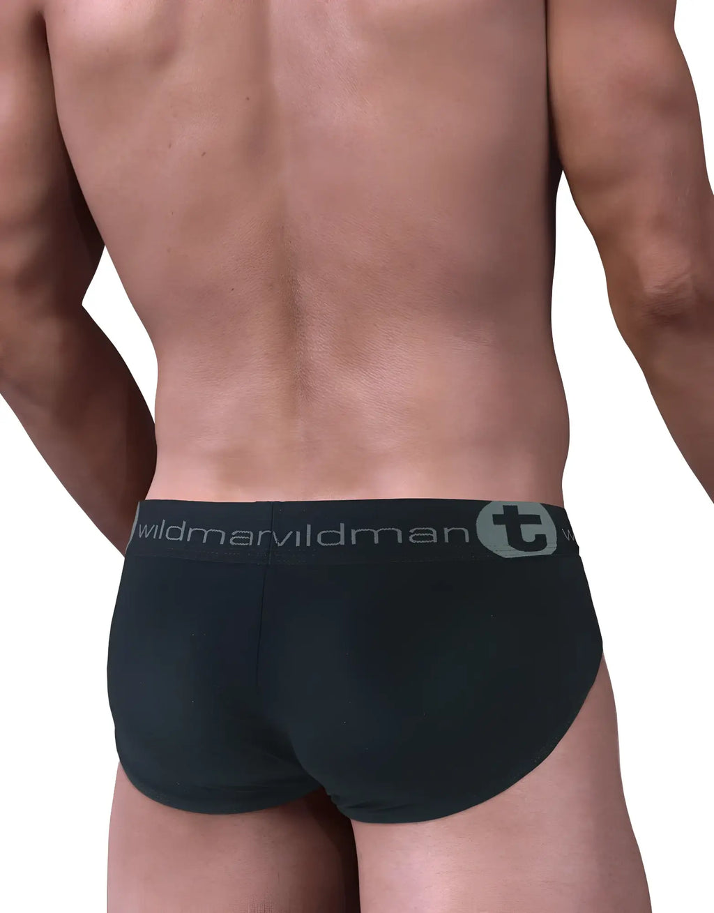 Rear view of a man wearing black stretch cotton pouch briefs with a branded elastic waistband in black and blue.