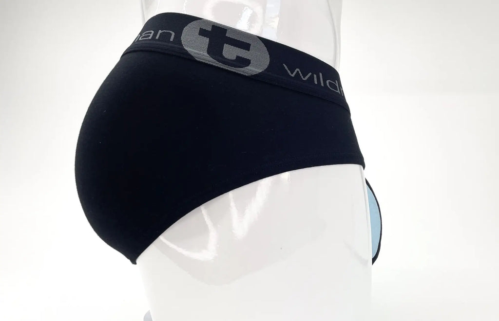 Black stretch cotton pouch brief with a branded waistband and blue contrast detail, worn on a white mannequin.
