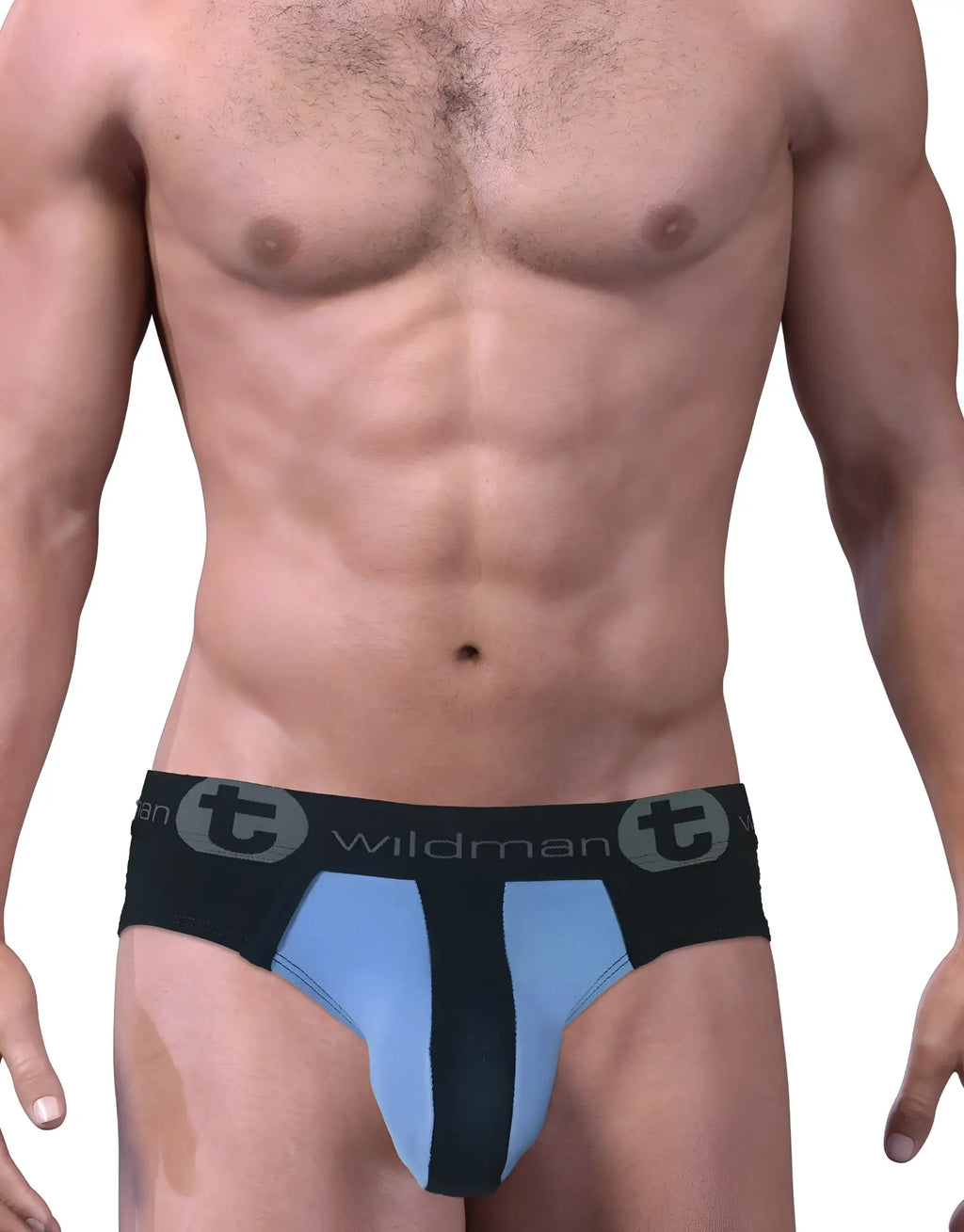 Black and blue stretch cotton pouch brief with a branded waistband featuring the Wildman logo.