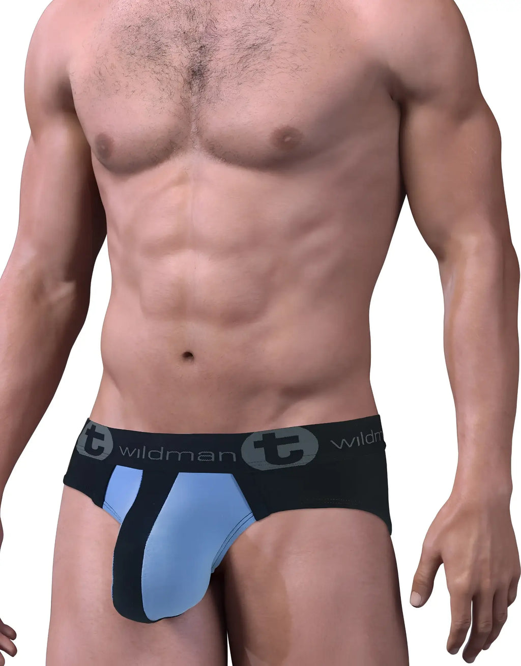 Black and light blue stretch cotton pouch brief with a branded elastic waistband on a fit male model.