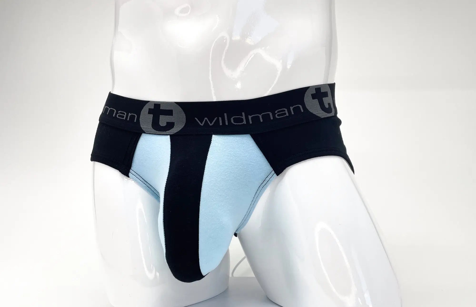 Black and light blue stretch cotton pouch brief on a mannequin, featuring a branded "t wildman" elastic waistband.