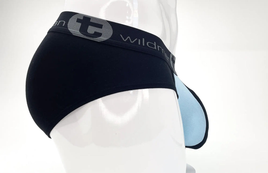 Black stretch cotton pouch brief with blue front panel and branded elastic waistband on a white mannequin.