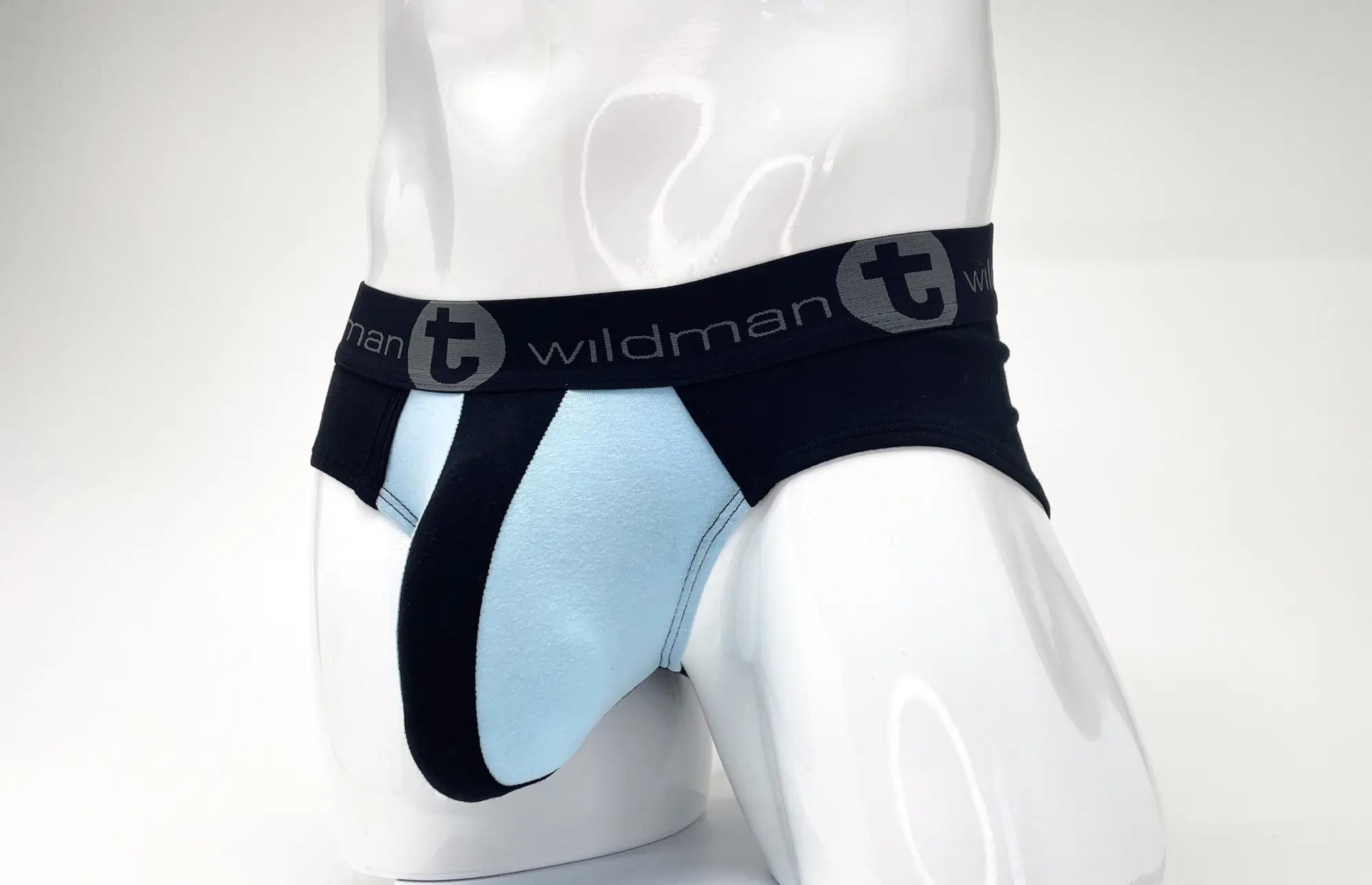 Stretch cotton pouch brief in black and light blue, featuring a branded elastic waistband on a white mannequin torso.