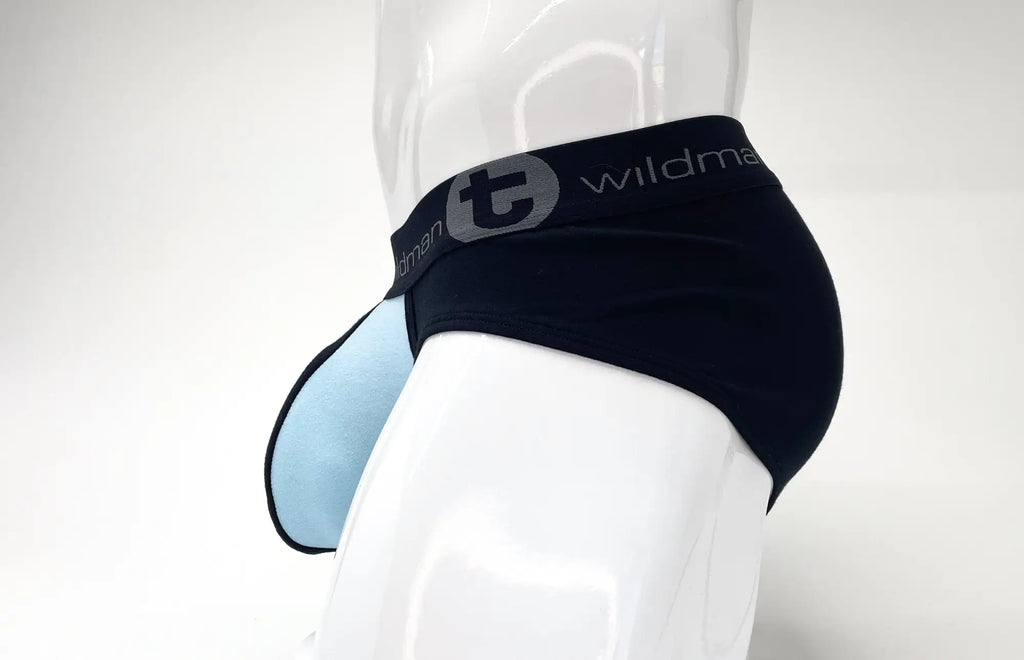 Black stretch cotton brief with a contrasting light blue pouch and logo waistband on a white mannequin.