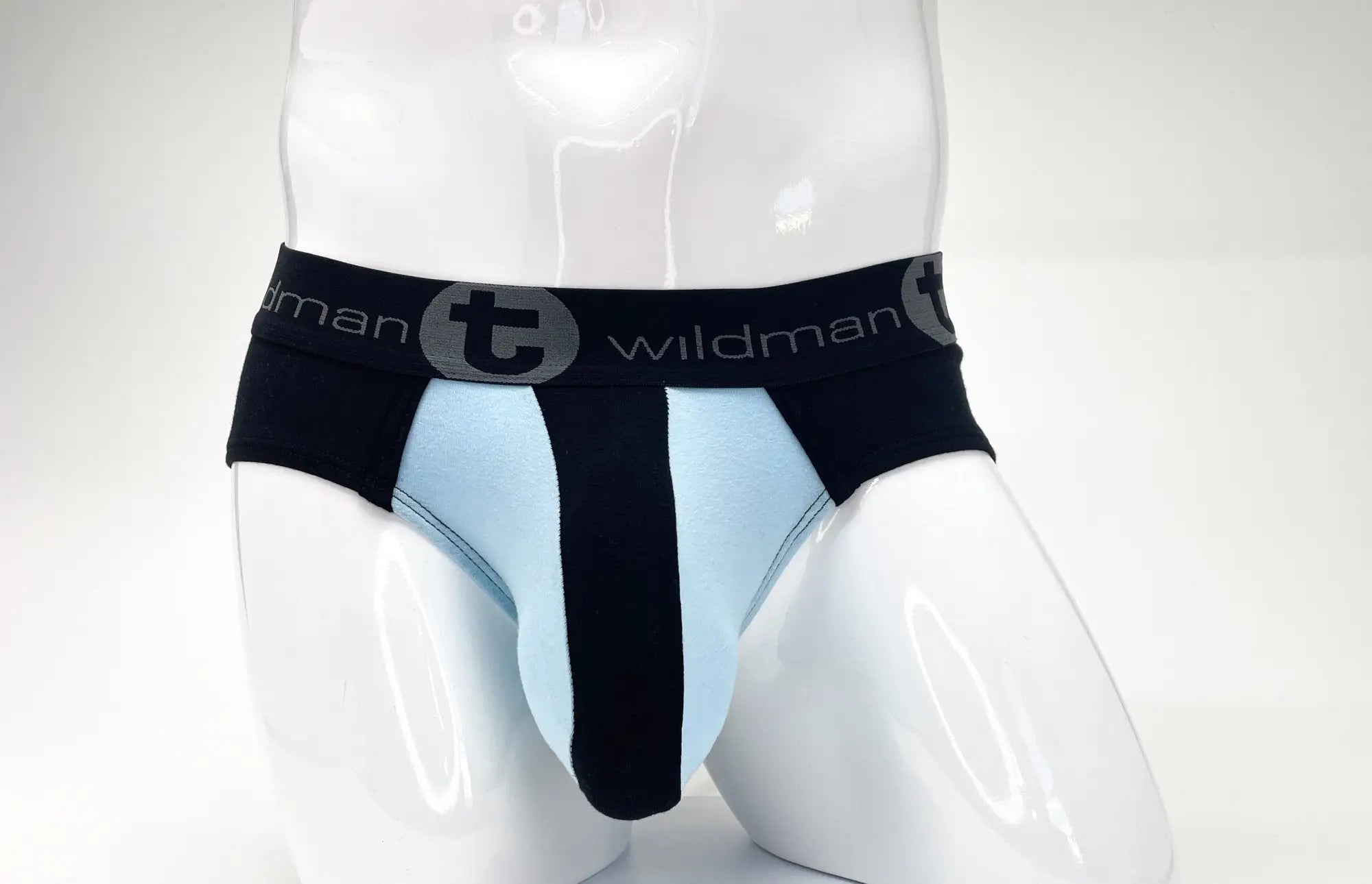 Black and light blue pouch brief with a thick waistband featuring the "Wildman" logo on a white mannequin torso.