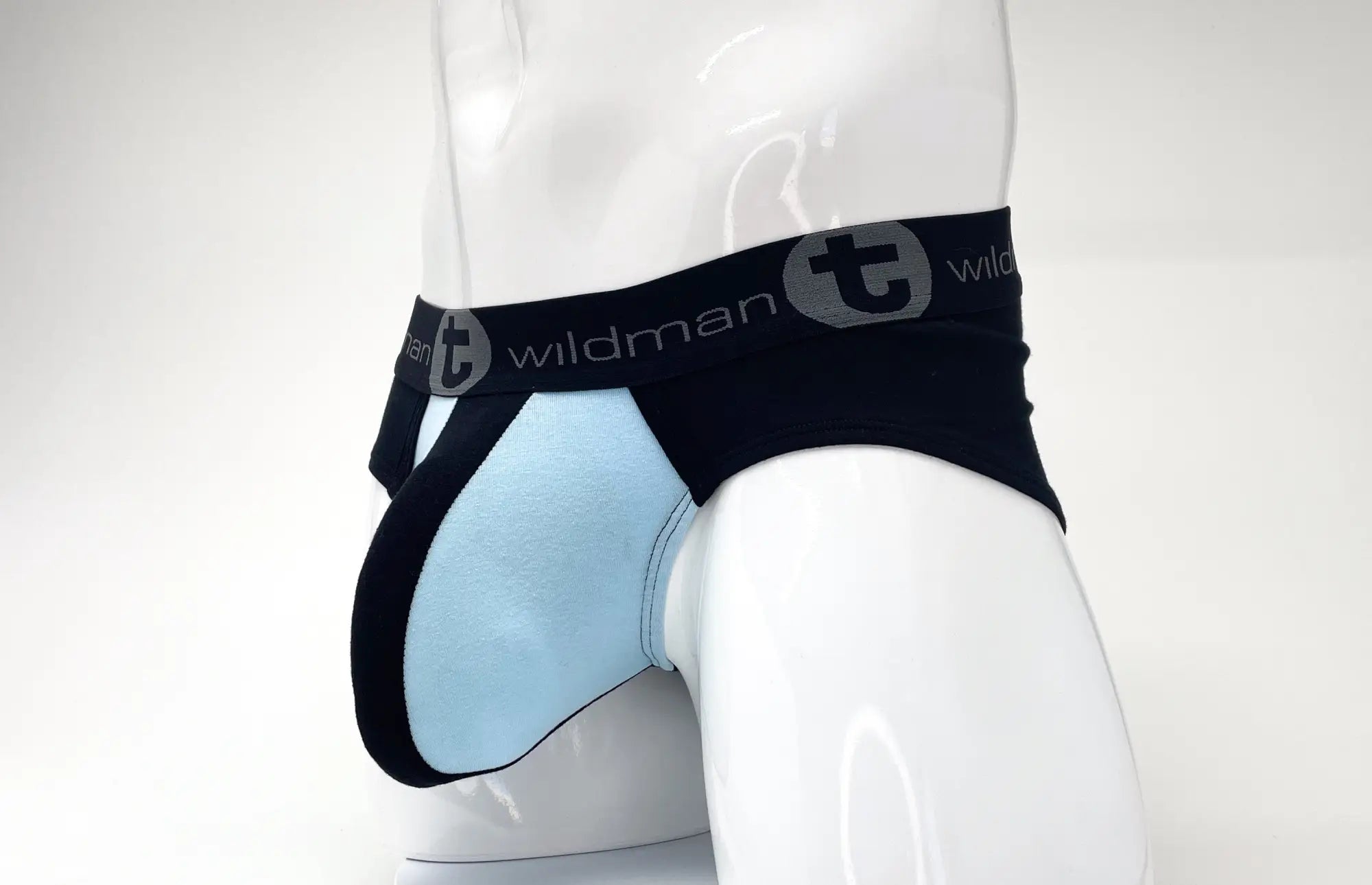 Black and light blue stretch cotton pouch brief on a mannequin, featuring a branded elastic waistband.