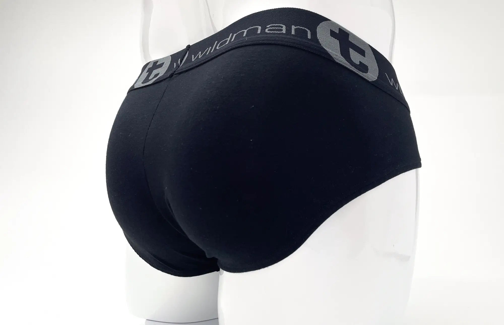 Back view of black stretch cotton briefs with a wide, gray-branded elastic waistband on a white mannequin.