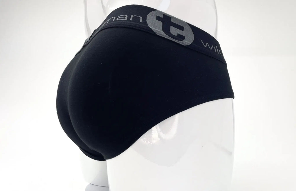 Black stretch cotton brief with a branded elastic waistband on a white mannequin.