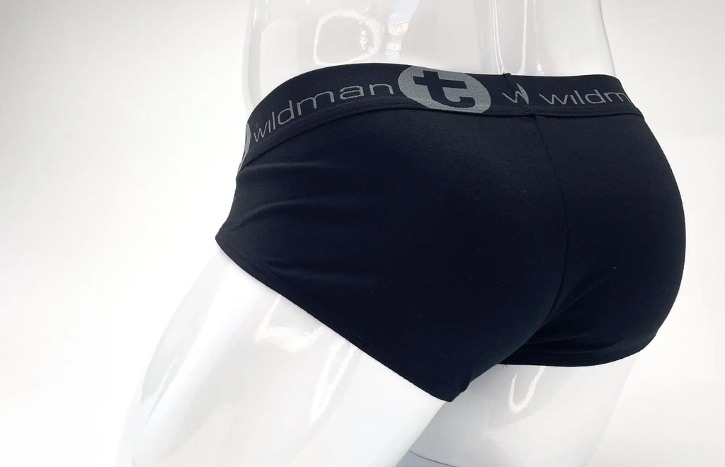 Black stretch cotton pouch brief with a branded grey waistband on a white mannequin.
