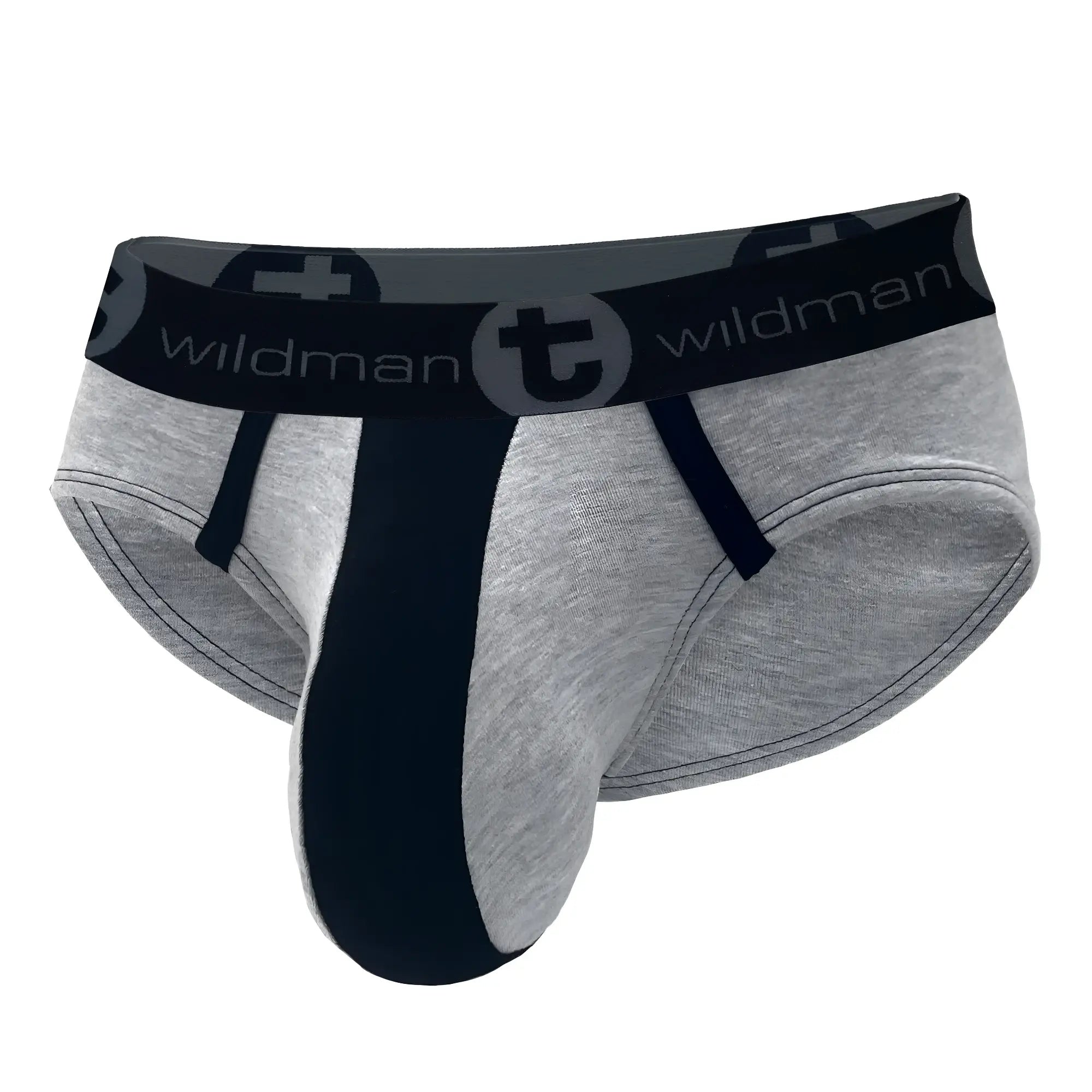 Gray stretch cotton pouch brief with a black central panel, black piping, and a branded WildmanT elastic waistband.
