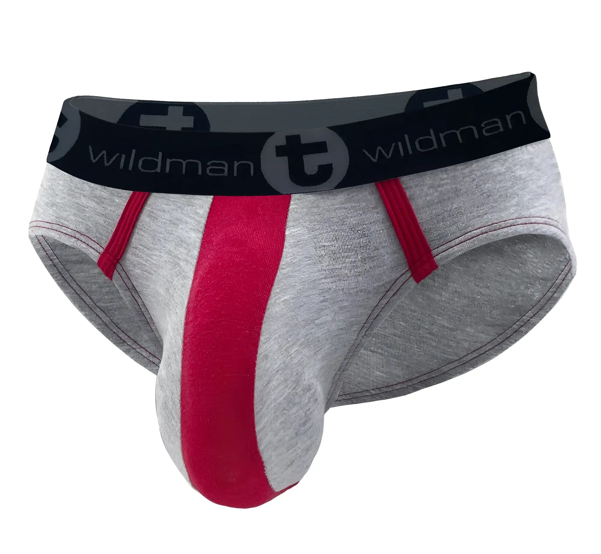 Gray stretch cotton pouch brief with red center panel, red trim, and a branded "WildmanT" black and gray waistband.