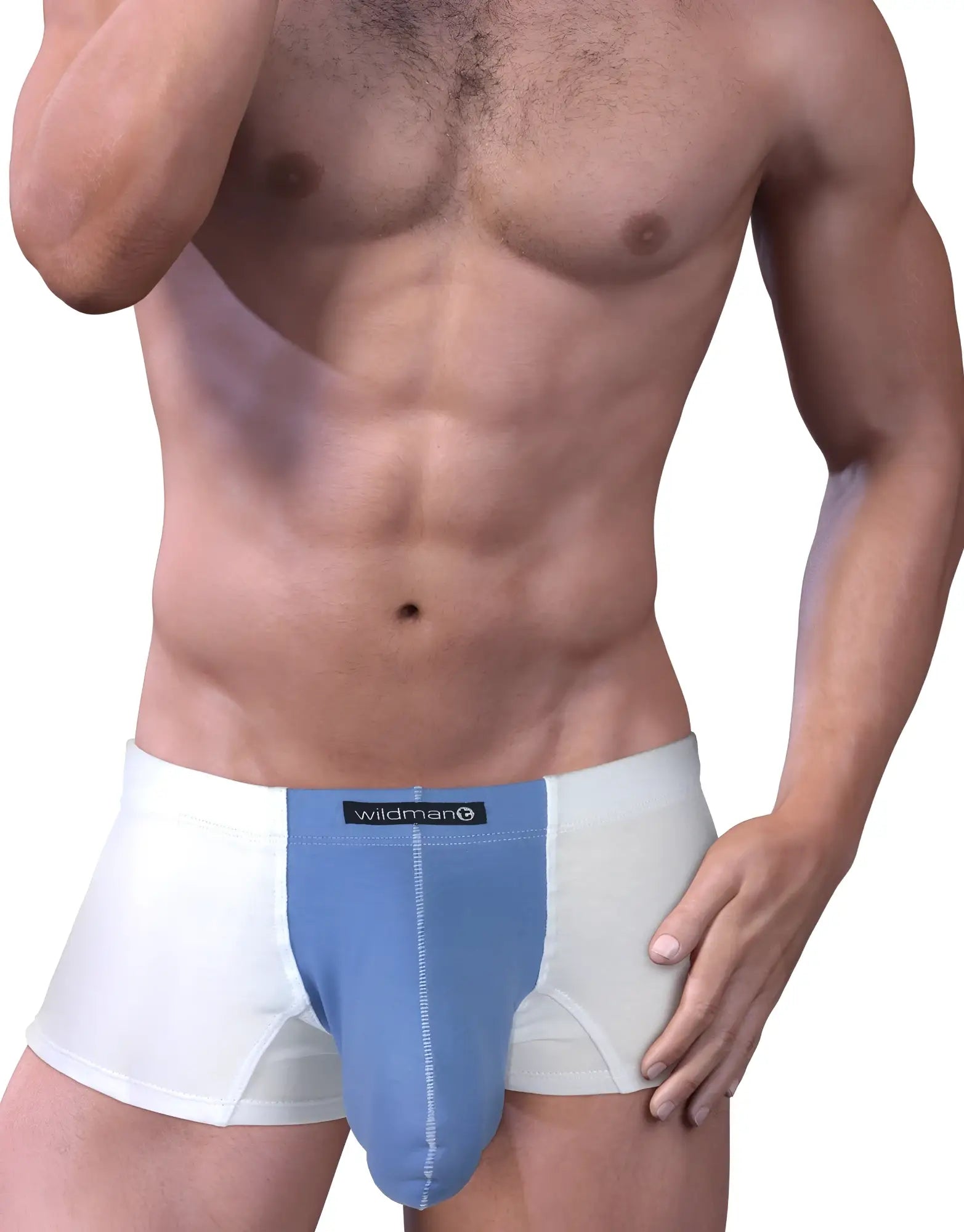 Stretch cotton boxer briefs in white with a contrasting blue center pouch featuring a Wildman logo waistband.