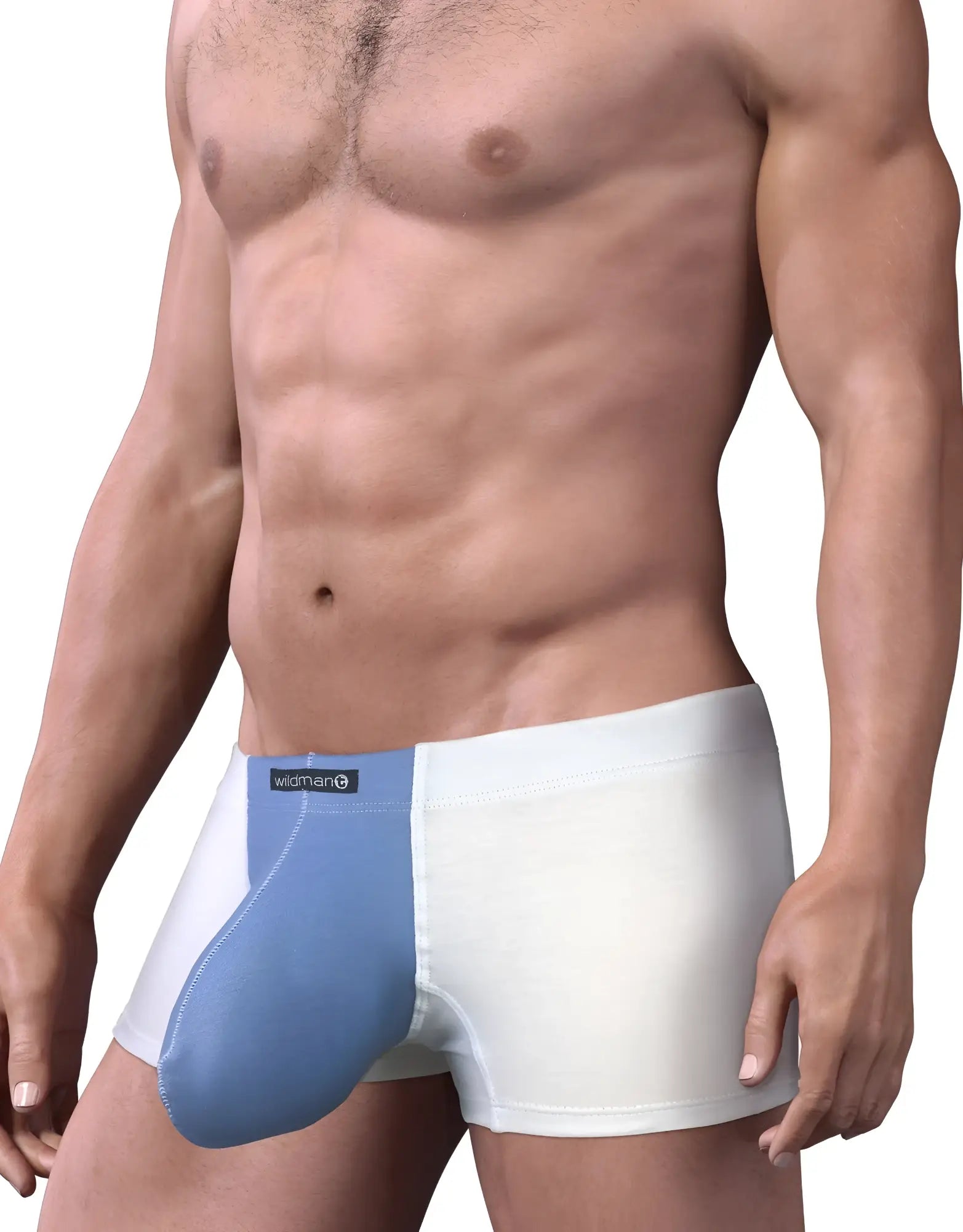 Stretch cotton boxer briefs in white with a contrasting blue center pouch and Wildman brand label on the waistband.