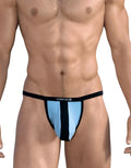 WildmanT light blue micro thong with a black vertical stripe, big boy pouch, and black waistband with branded logo.