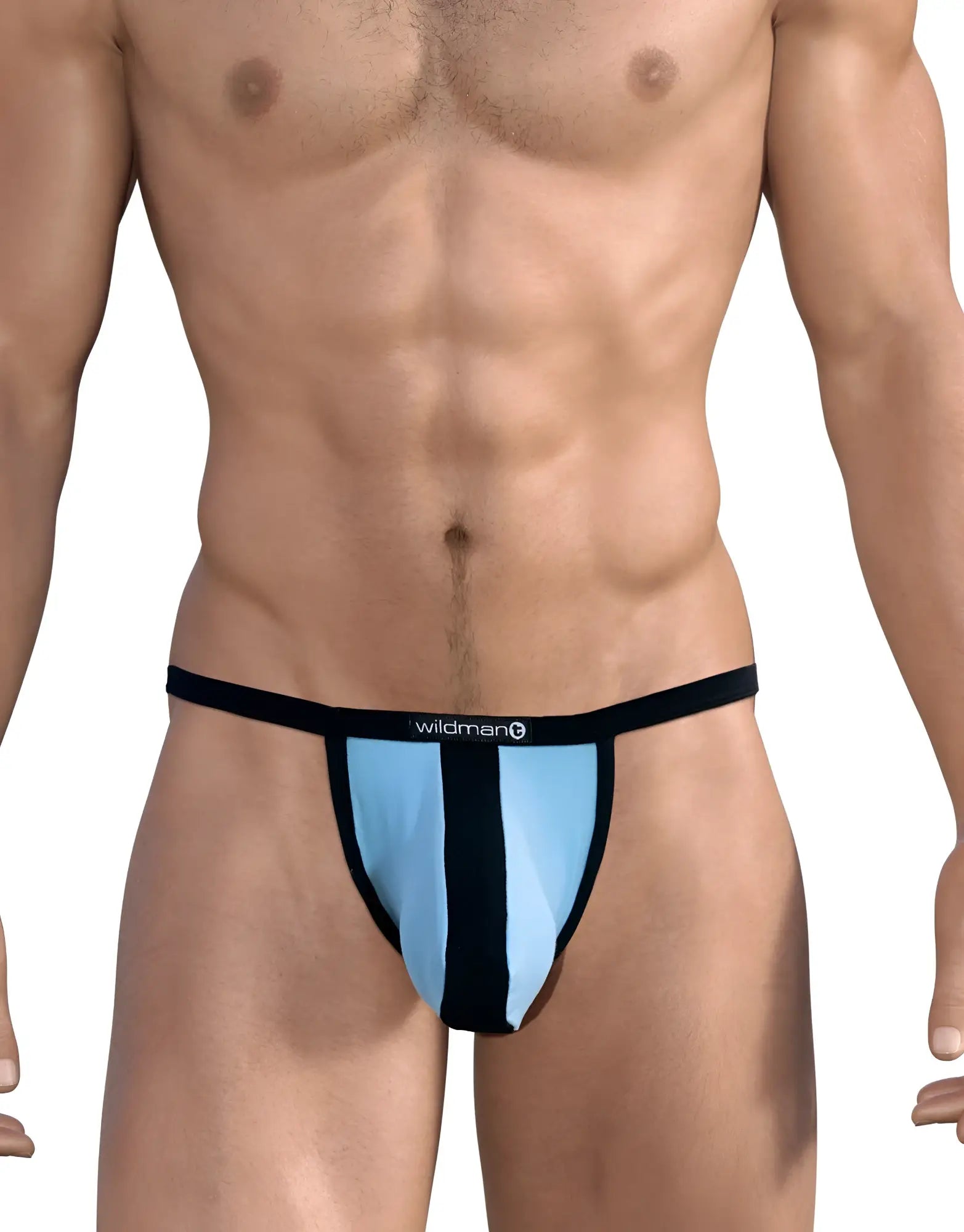 WildmanT light blue micro thong with a black vertical stripe, big boy pouch, and black waistband with branded logo.