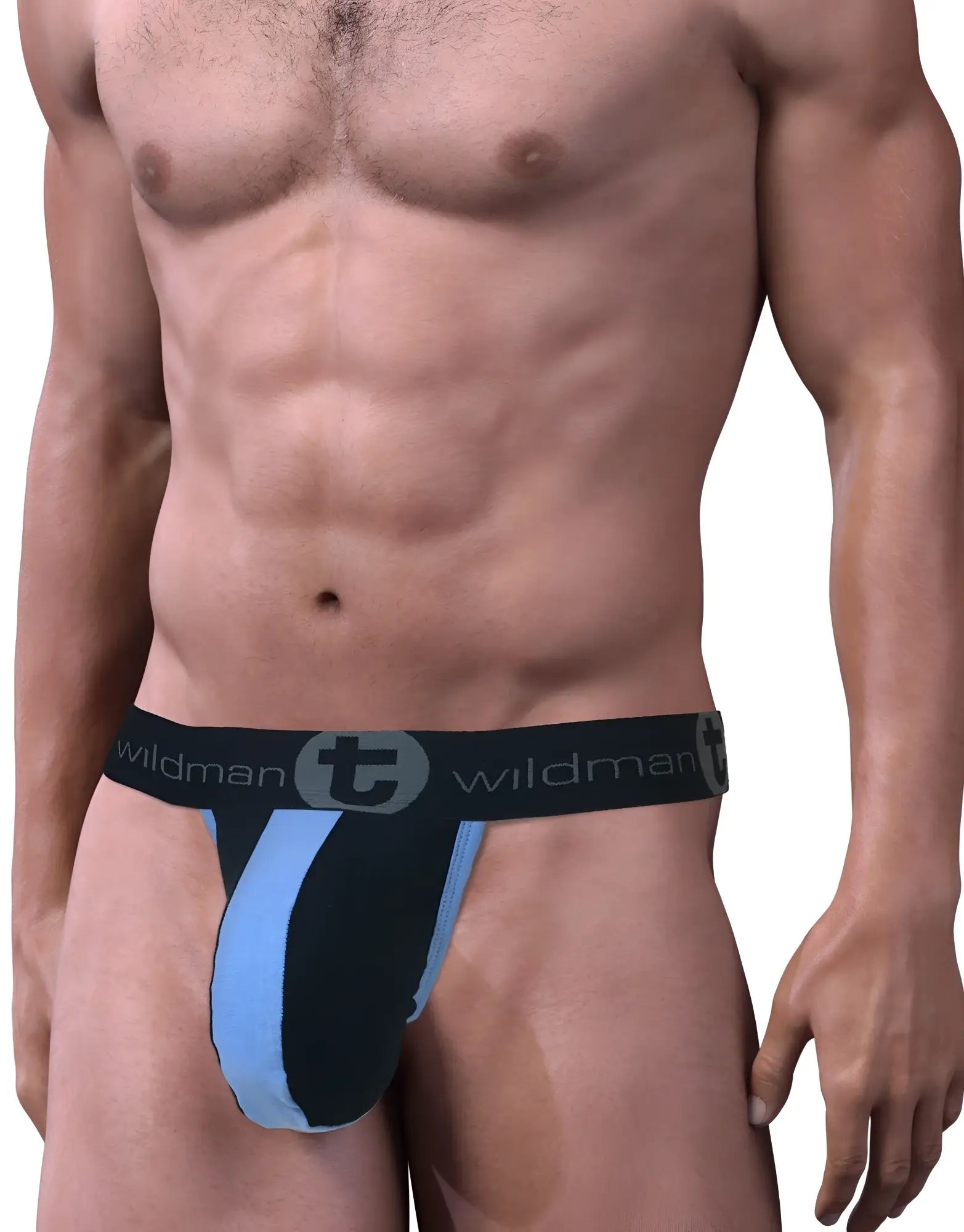 Black and light blue stretch cotton strapless jockstrap with a big boy pouch and a logo-branded elastic waistband.