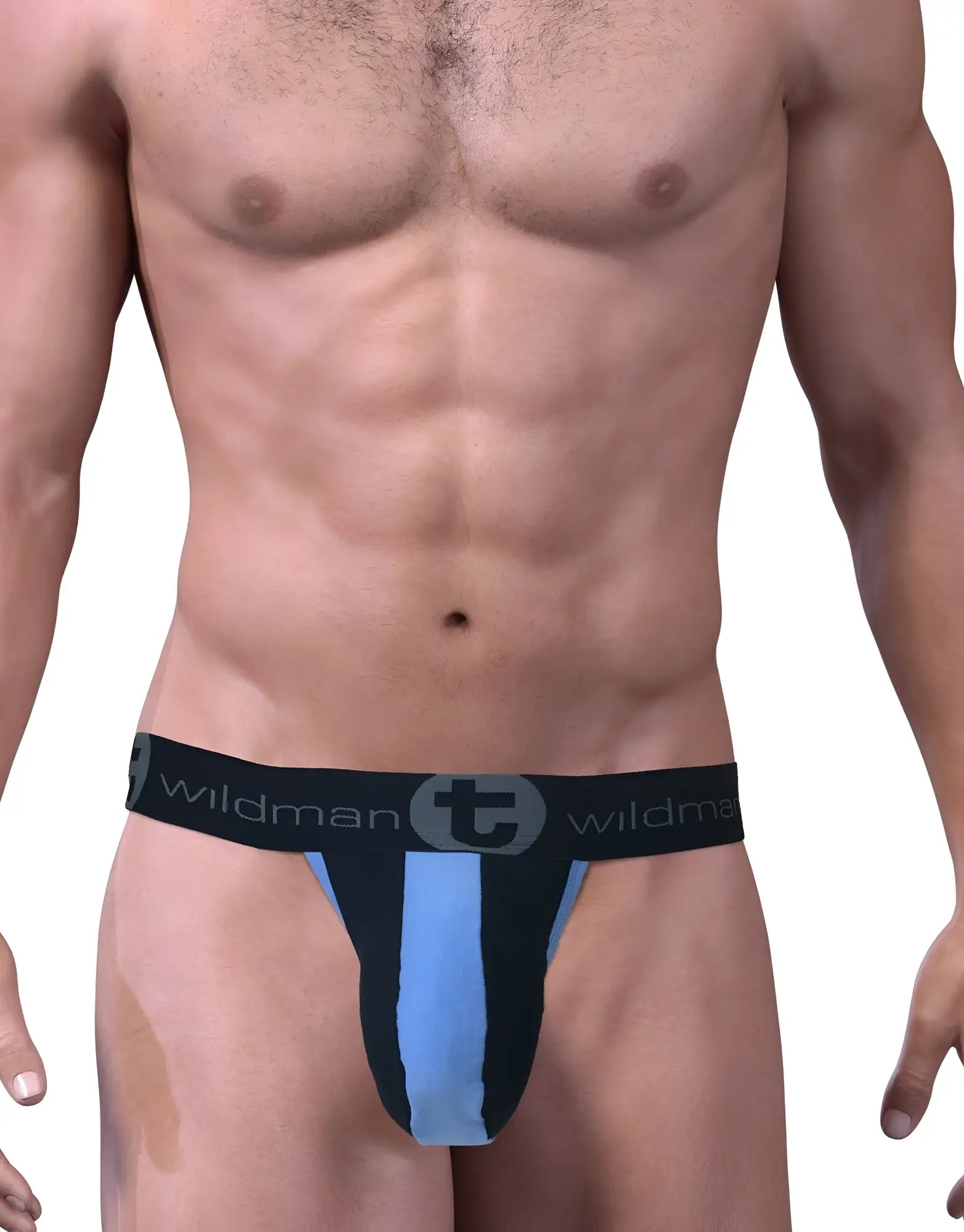 A man wearing a black and light blue stretch cotton strapless jockstrap with a large pouch and branded waistband.