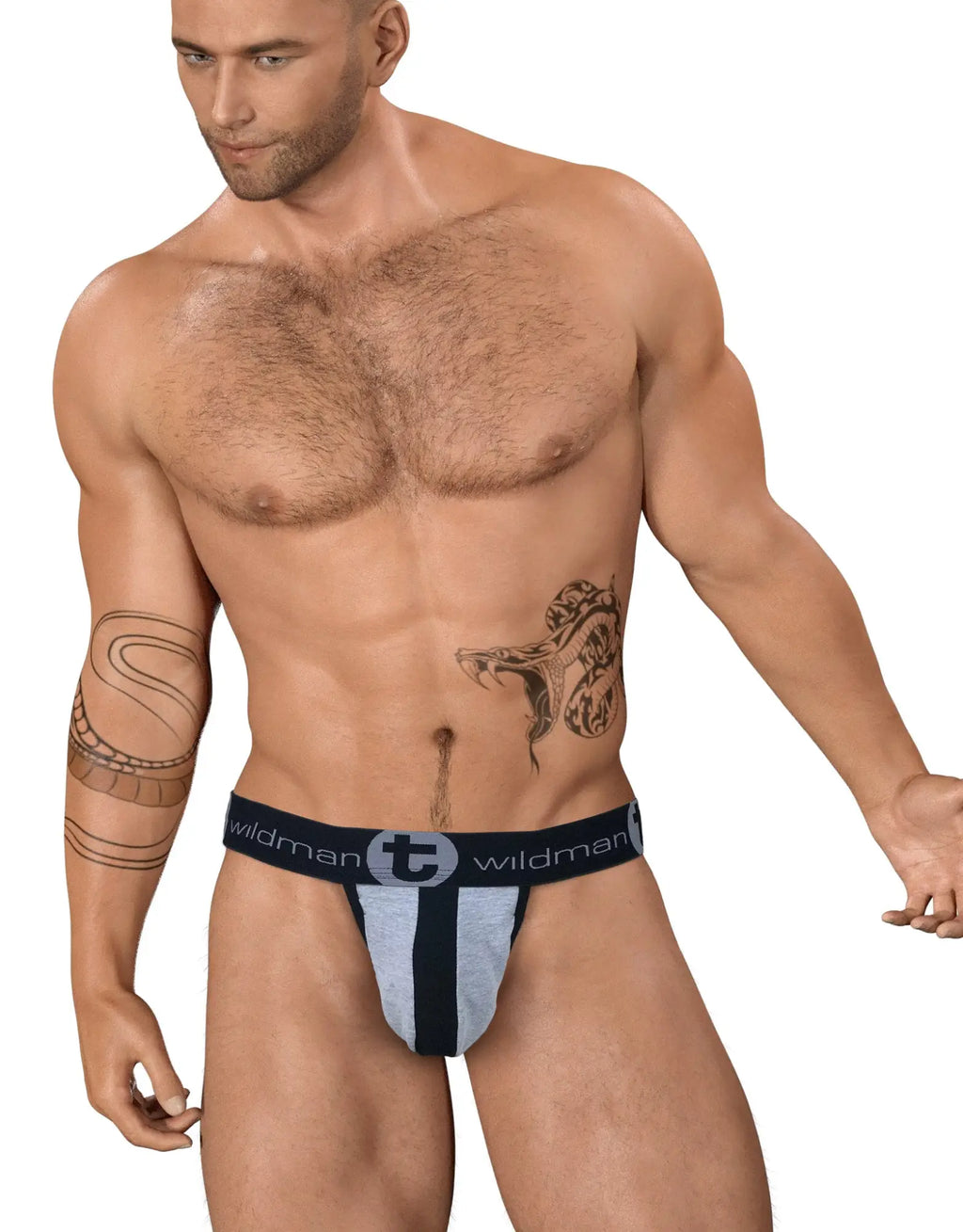 WildmanT strapless jockstrap with a gray cotton pouch, black center stripe, and black logo waistband.