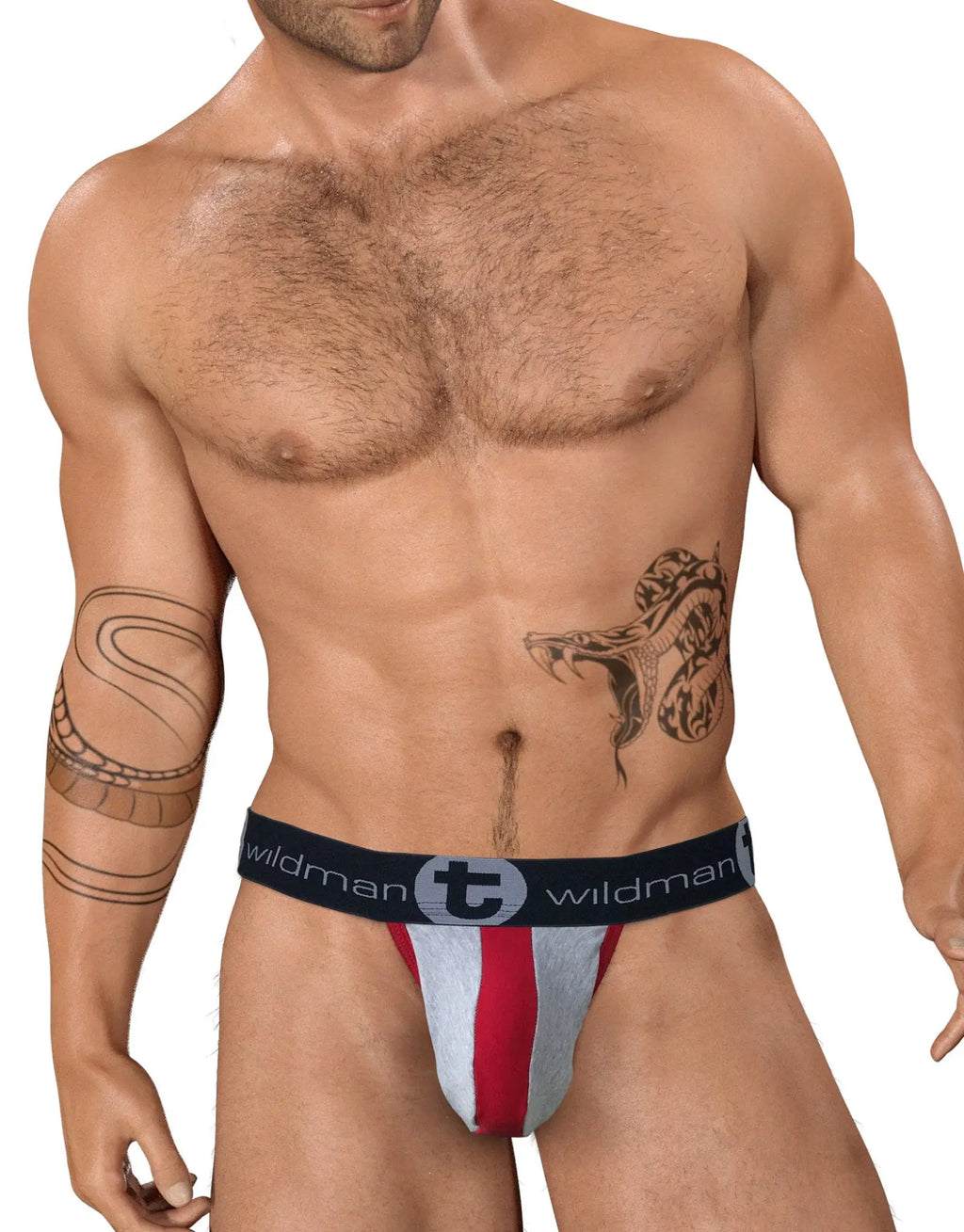 WildmanT strapless jockstrap in gray and red with a central red stripe and black logo waistband.