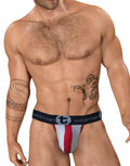 WildmanT strapless jockstrap in gray and red with a central red stripe and black logo waistband.
