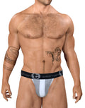 Gray and white strapless jockstrap with a big boy pouch and a black branded WildmanT elastic waistband.