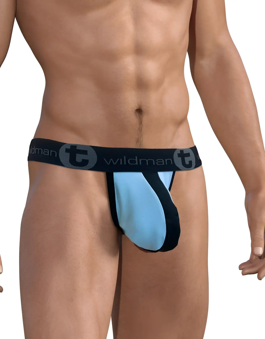 Light blue and black strapless jockstrap with a large pouch and black branded elastic waistband on a fit male torso.