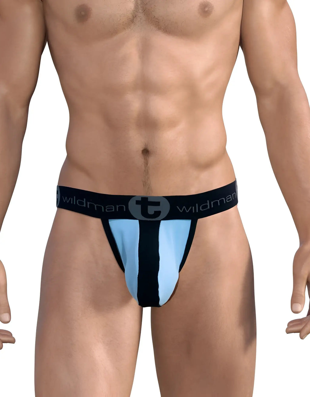 Light blue and black WildmanT strapless jockstrap with a big boy pouch and a branded black elastic waistband.