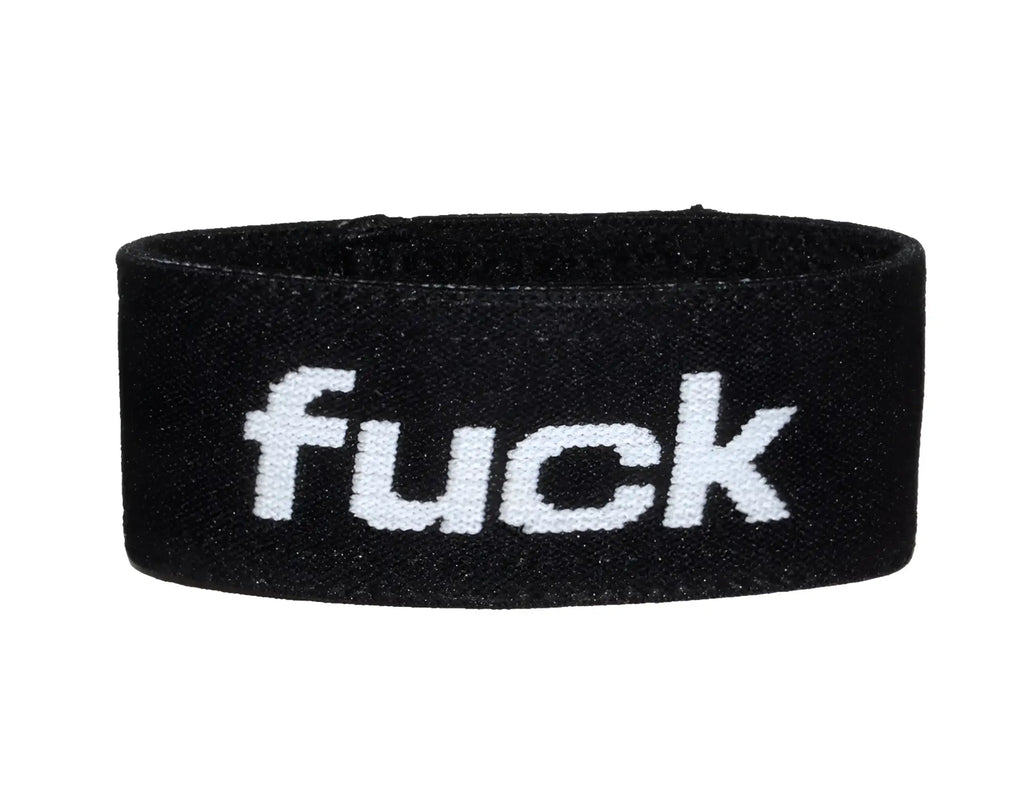 Black elastic band with the word "fuck" in white text on the front.