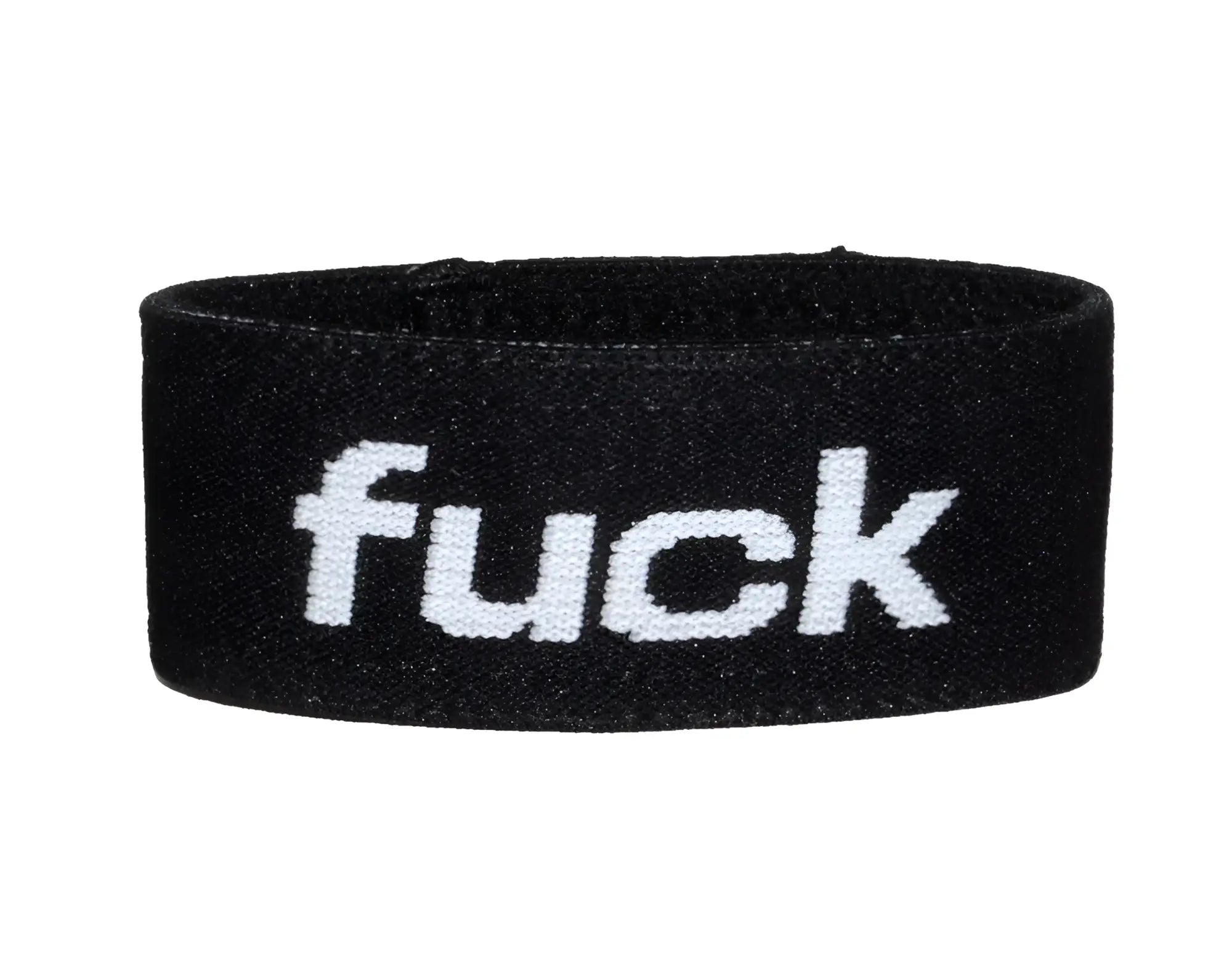 Black elastic band with the word "fuck" in white text on the front.