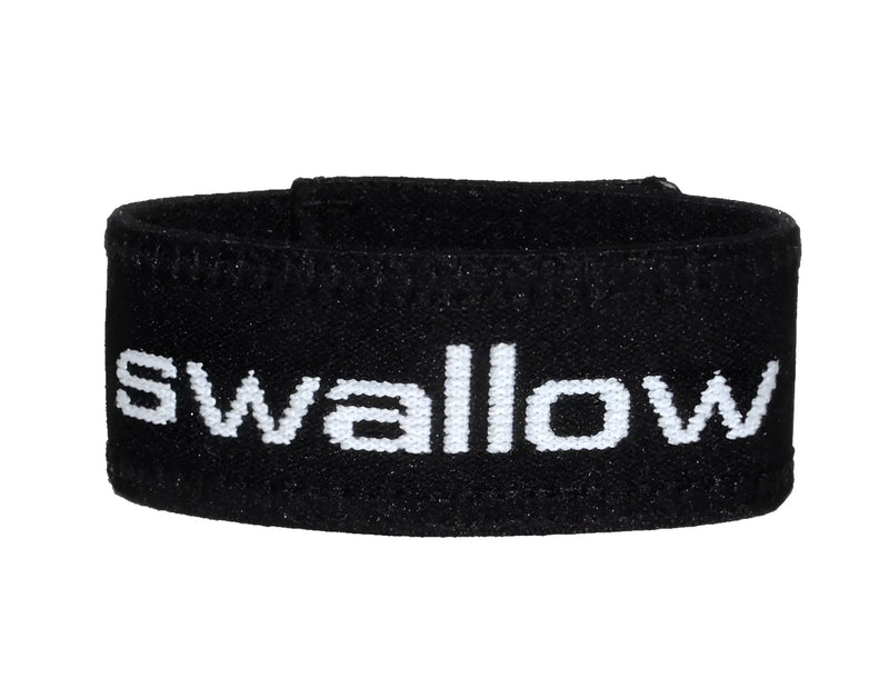 Black woven fabric wristband with white swallow lettering for WildmanT verbal max cock-ring swallow product