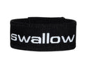 Black elastic cock ring with the word "swallow" embroidered in white text on the front.