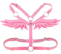 Pink leather angel wing harness with silver toned metal hardware showcasing detailed back side design