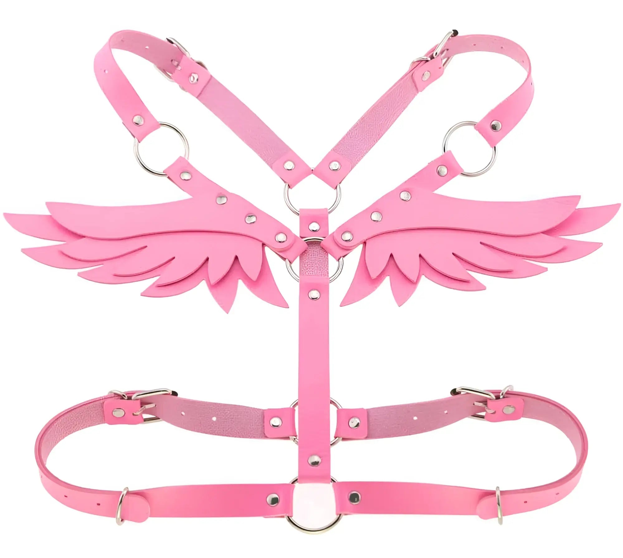 Pink leather angel wing harness with silver toned metal hardware showcasing detailed back side design