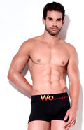 Wo underwear solid boxer briefs in black with bold yellow and red waistband logo size m front view