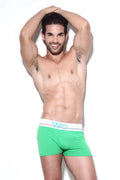 Bright green wo underwear solid boxer briefs with white waistband featuring light blue wo logo size xl