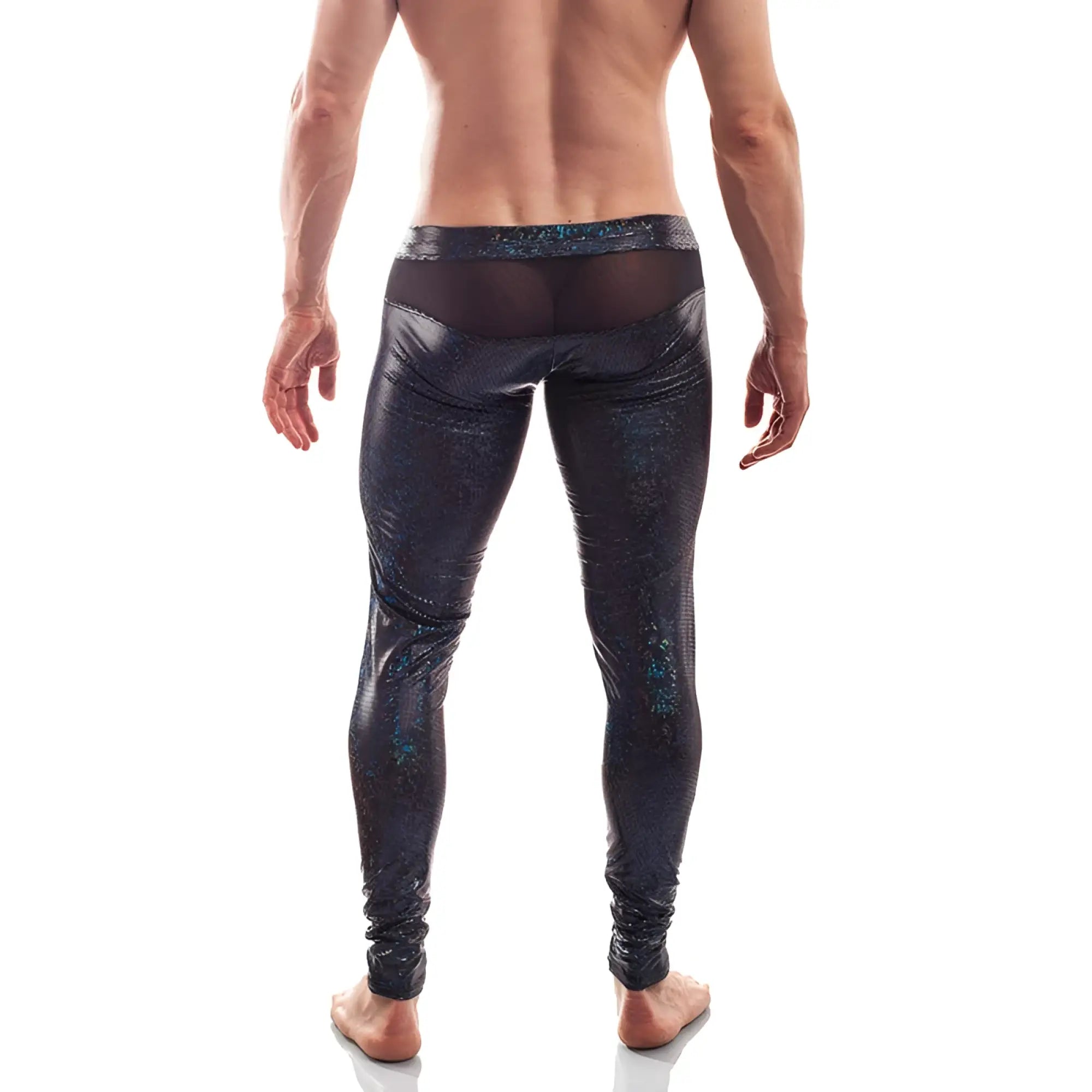 Wojoer black jack disco powernet insert button leggings in black with shiny cosmic blue and green pattern size xl