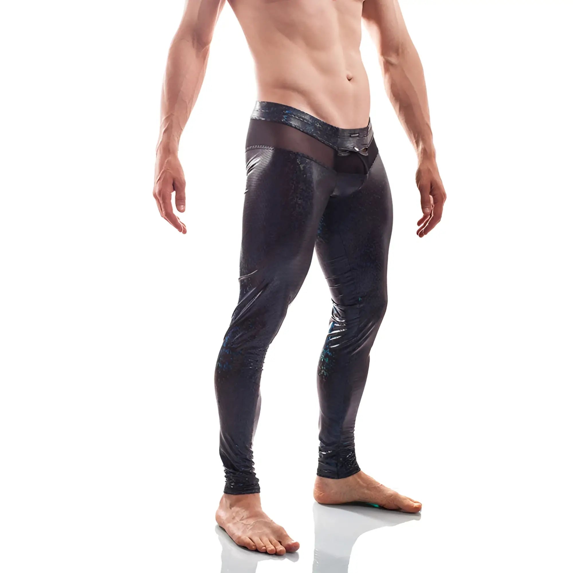 Wojoer black jack disco powernet insert button leggings size xl black shiny with subtle blue pattern and mesh waistband