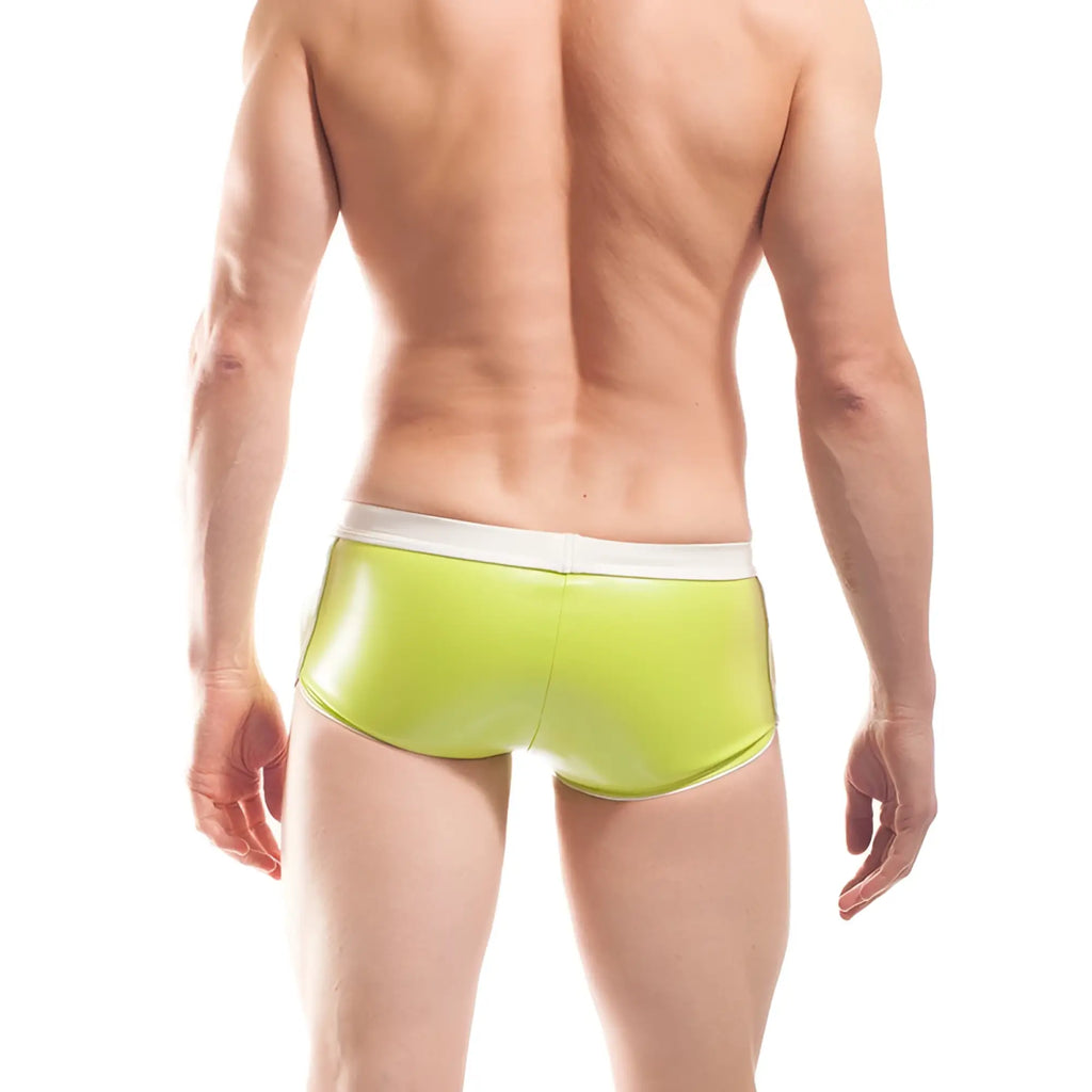 Wojoer Candygreen pleather piping curved hem sprinter boxer briefs in vibrant lime green latex with white waistband size XL