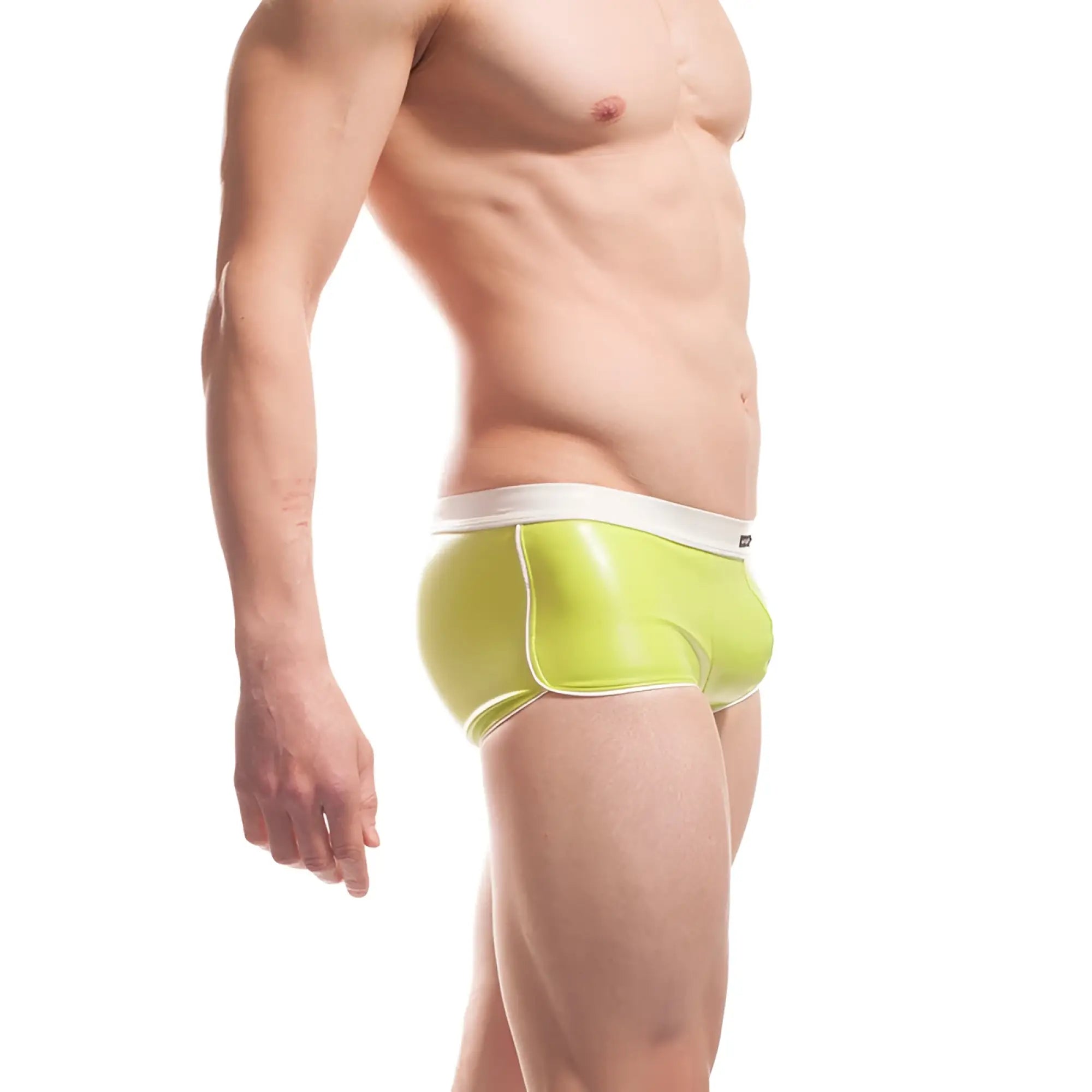 Wojoer candygreen vibrant lime green pleather piping curved hem glossy sprinter boxer briefs with white waistband xl