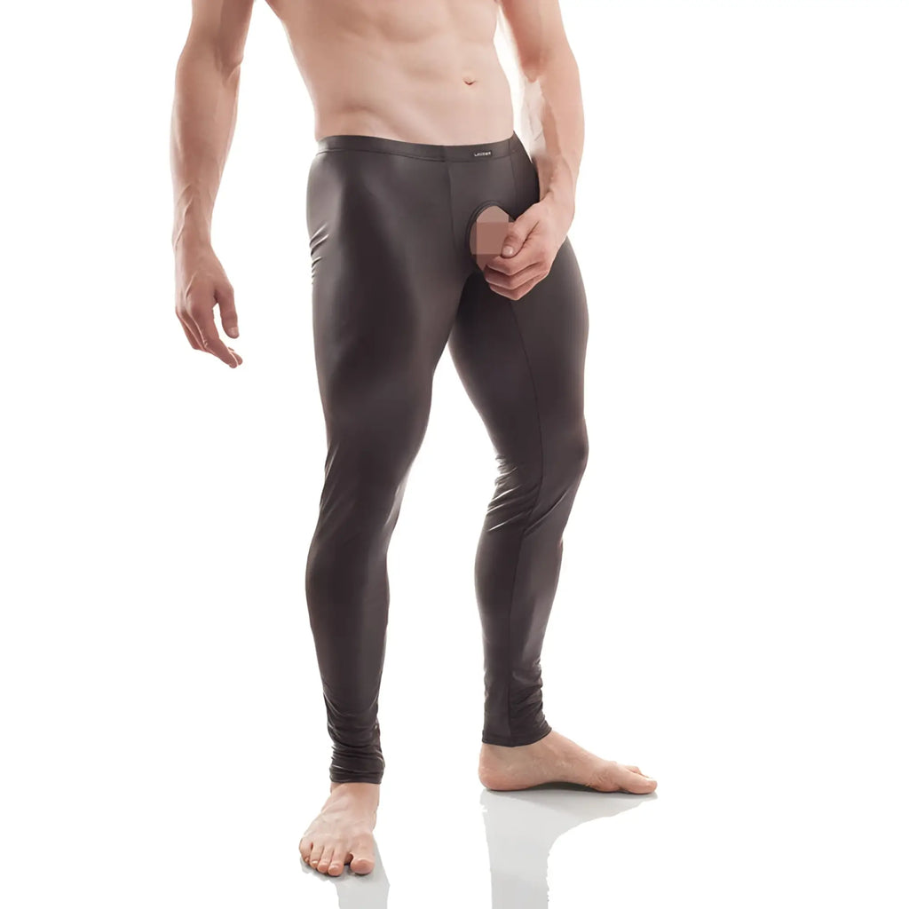 Wojoer crotchless pleather leggings black shiny form-fitting with subtle reflective sheen size xl
