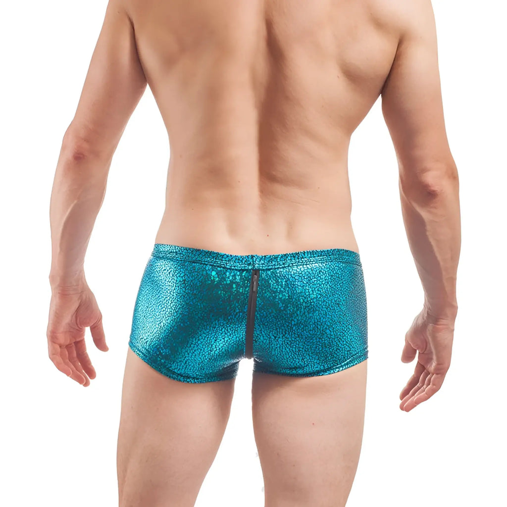 Wojoer desert shiny crackle glass zipper boxer brief underwear in shiny teal metallic with pebbled texture and central zipper size xl