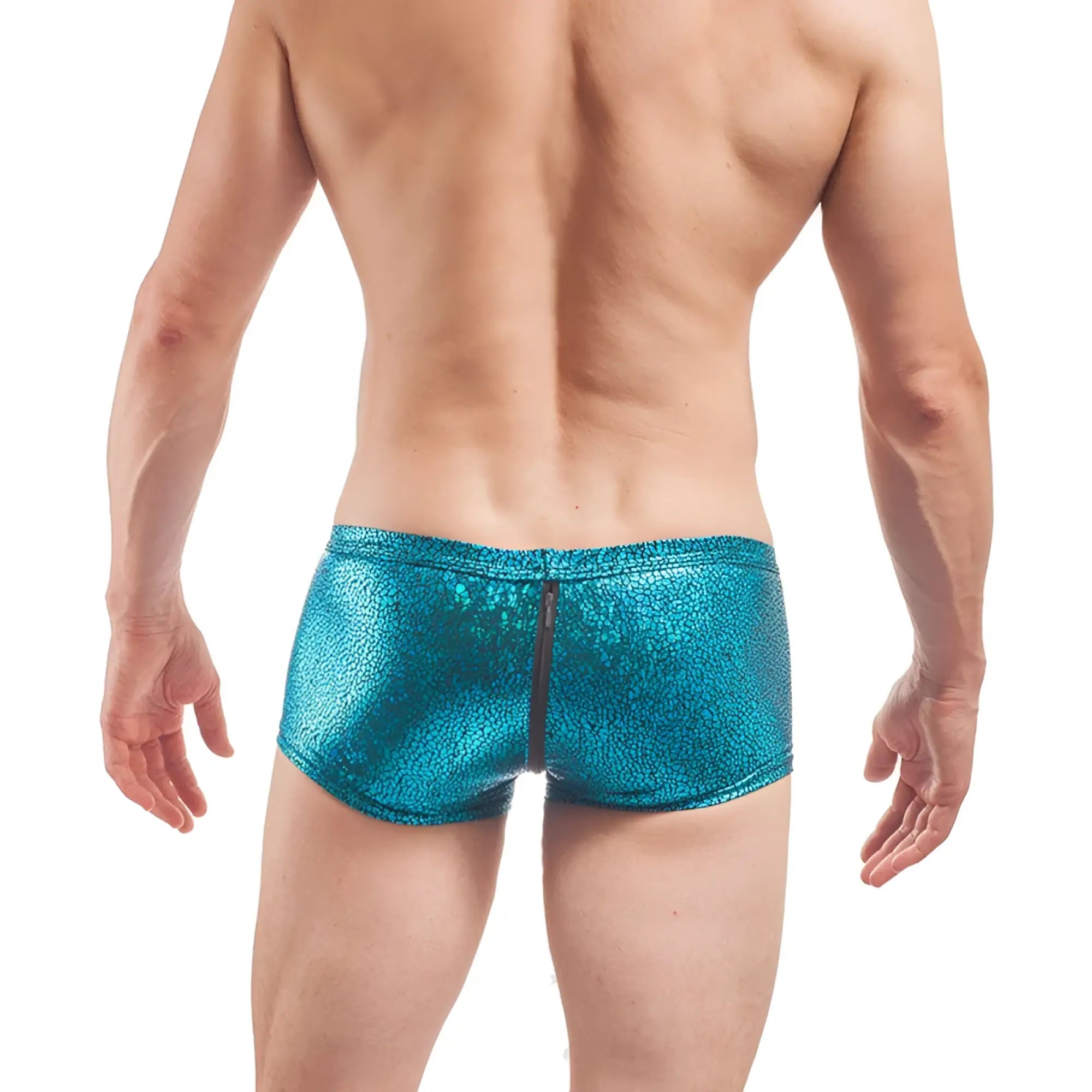 Wojoer desert shiny crackle glass zipper boxer brief underwear in shiny teal metallic with pebbled texture and central zipper size xl
